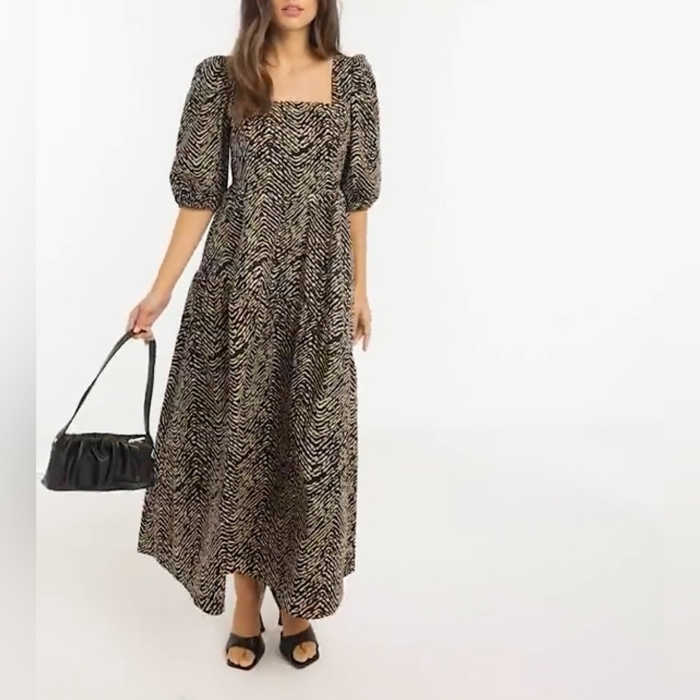 ♦️SOLD♦️ Mango Puff Sleeve Midi Dress Abstract Animal Print Black & Tan Size 10 - Picture 2 of 13